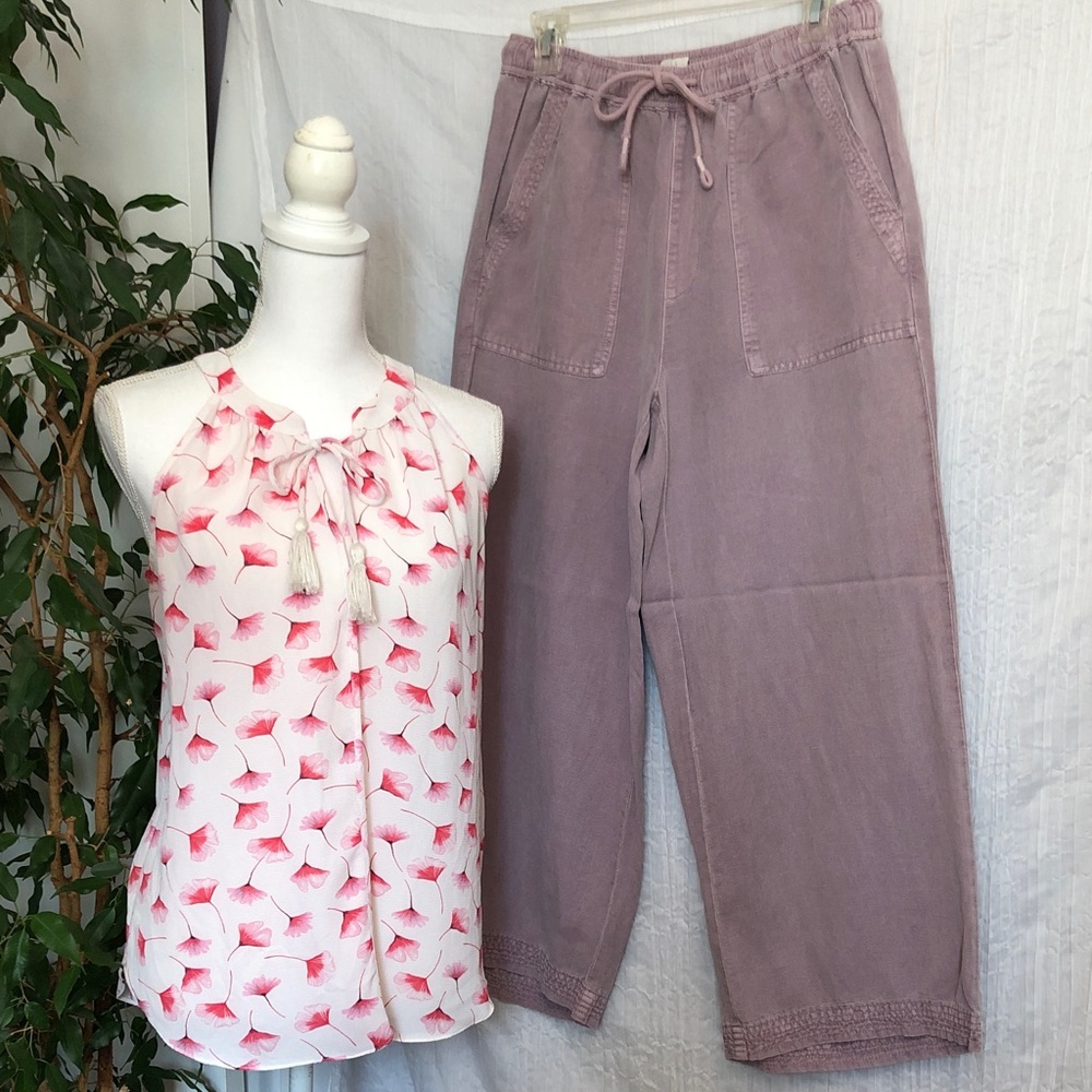 JOIE sz M pink wide leg high waist linen pants & C&E floral sleeveless top Sz M